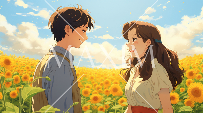 ひまわり畑の中で見つめ合う若い男女の恋人達