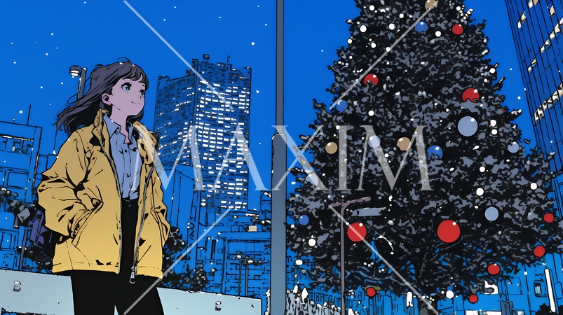 クリスマスイルミネーションが美しい街を散策する若い女性