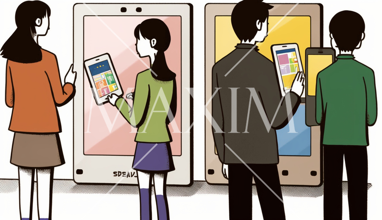 コンピューターと人間の交流：人がデバイスを操作する、情報交換の様子。漫画風。