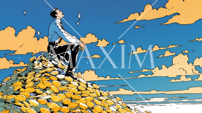 マネーゲームの勝者：金貨の山の登頂に挑み成功した姿で表現