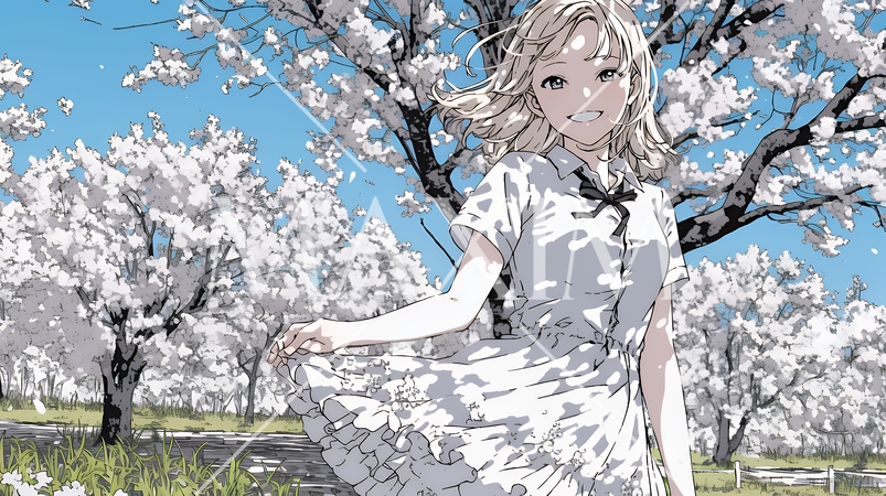 スカートを揺らしながら春風と戯れている若い女性