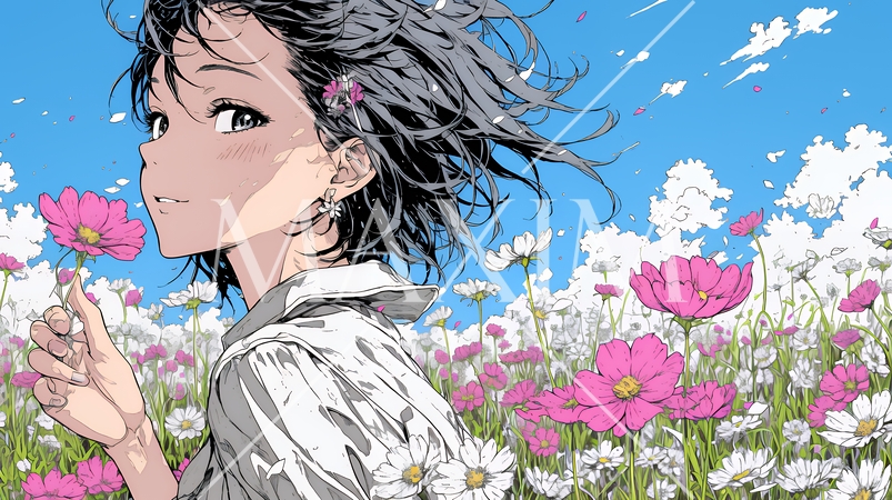 コスモス畑にいる若い女性