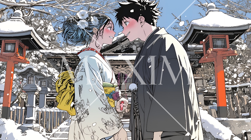 初詣をしている若い恋人カップル