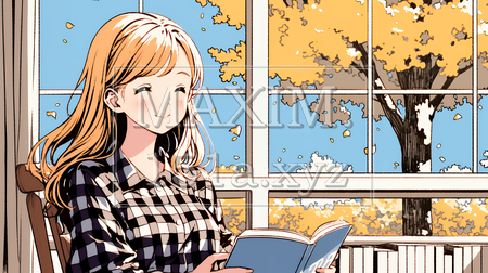 秋の読書を楽しむ若い女性｜静かで落ち着いた秋の日のイラストポートレート（イラストID:1848202-18111）