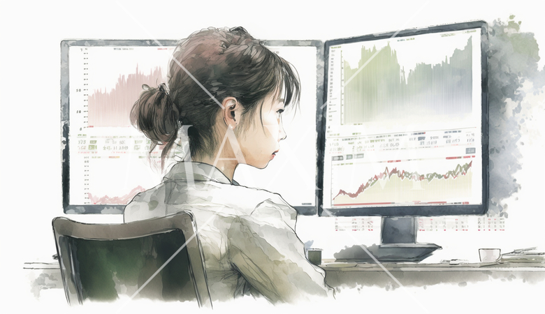 デスクに向かって取引画面を操作する女性トレーダーの横顔。