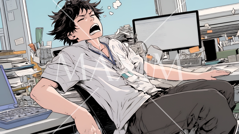 仕事中にあくびをしている若い男性