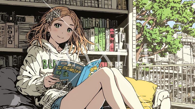 読書の秋：リビングルームで本を読んでいる若い女性