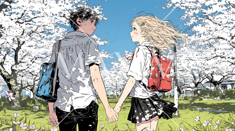 満開の桜の木の下でデートをしている若い男女のカップル