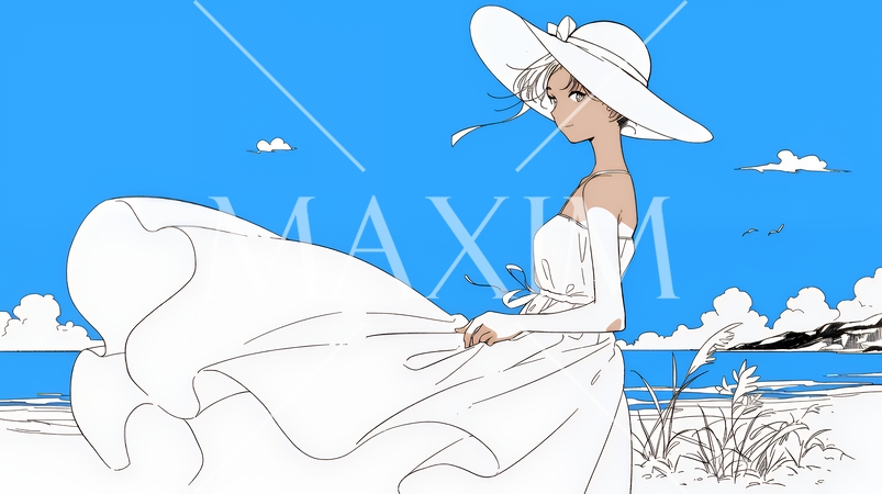 一人旅の若い女性と夏のビーチの風景（シンプルな色使い）