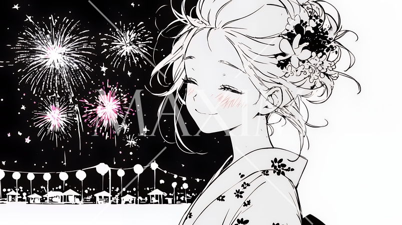打ち上げ花火を見ている浴衣を着た若い女性（シンプルな色使い）