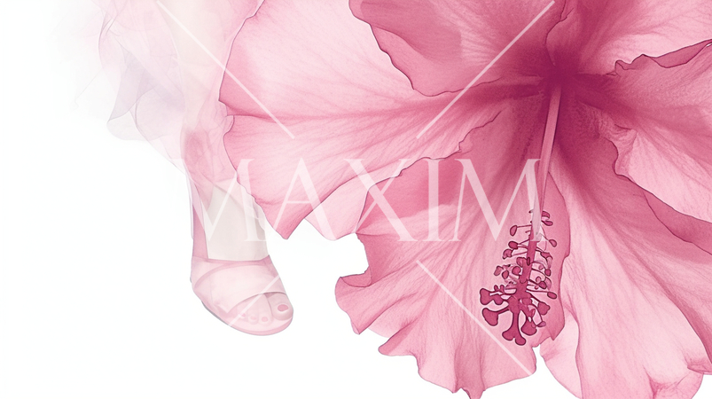 赤いハイビスカスと女性の足の水彩画