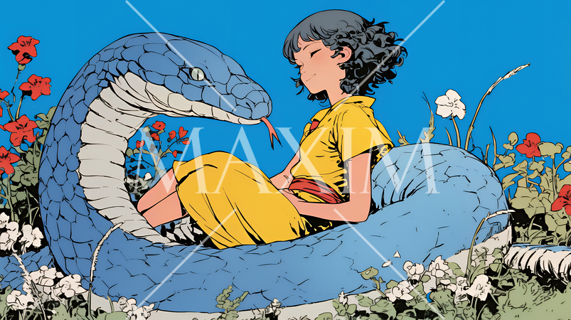 年賀状用：ヘビとなかよしの若い女性