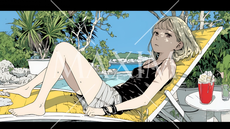 プールサイドのデッキチェアでくつろぐ若い女性｜夏のリゾートとリラックスライフスタイルイメージ