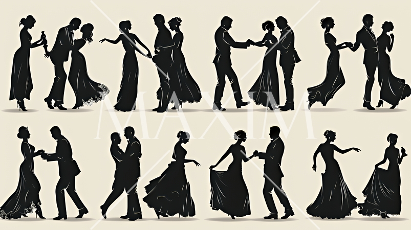 社交ダンスを楽しむ人たちのシルエット｜優雅でエレガントなボールルームダンスイメージ
