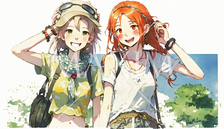 山にハイキングに来ている仲の良い若い女友達：水彩画