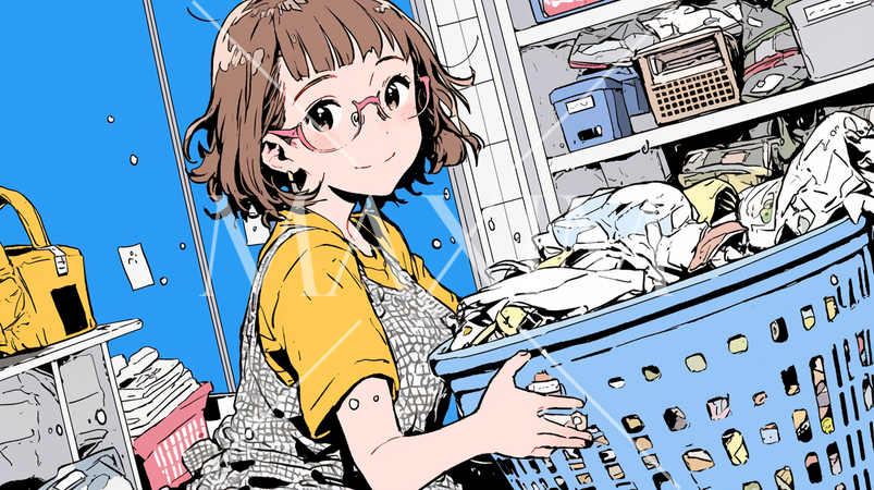 たくさんの洗濯をしている若い奥さん