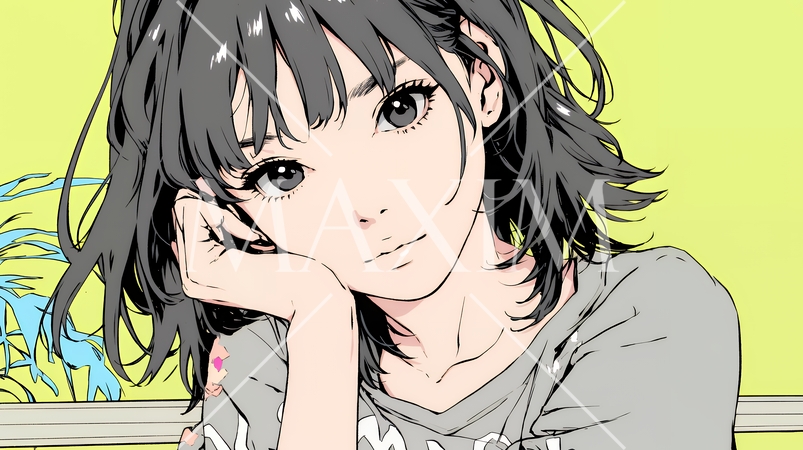 頬杖をついて微笑んでいる若い女性