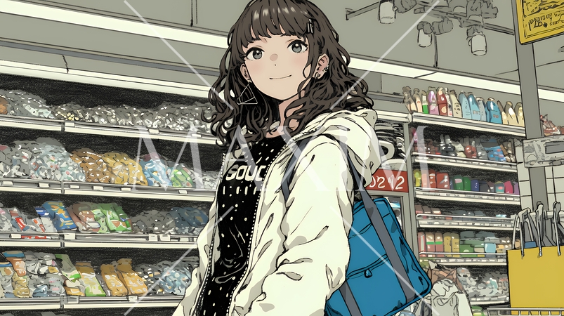 スーパーマーケットで買い物をしている若い女性