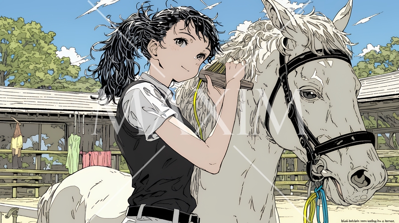 馬の世話をしている若い女性