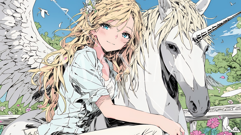 ユニコーンと若い女性