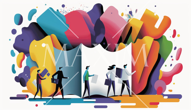 チームワーク：チームが協力してビジネスのプロジェクトに取り組む場面。