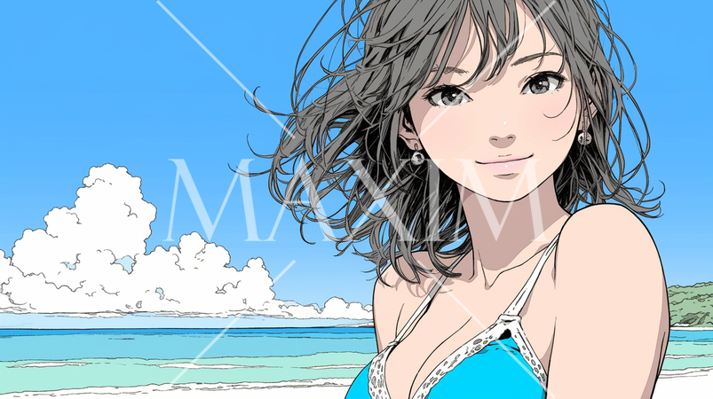 南国の海岸にビキニ姿でいる若い女性