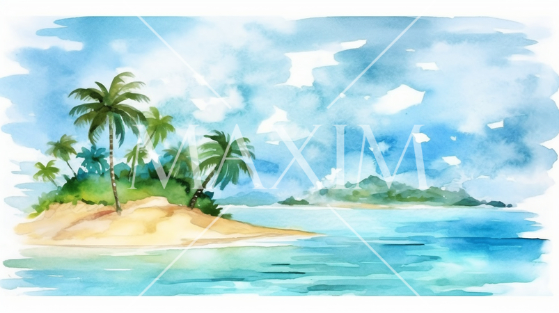 南の島の浜辺と空の背景イメージの水彩画