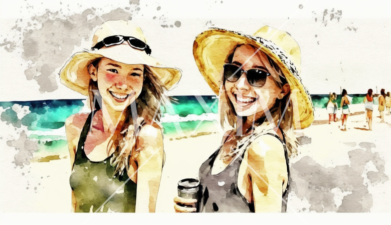 南国の島でリゾート気分の若い女友達たち