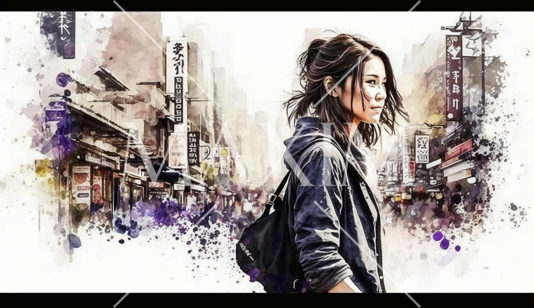 自分探しの旅に出ている若い女性：水彩画