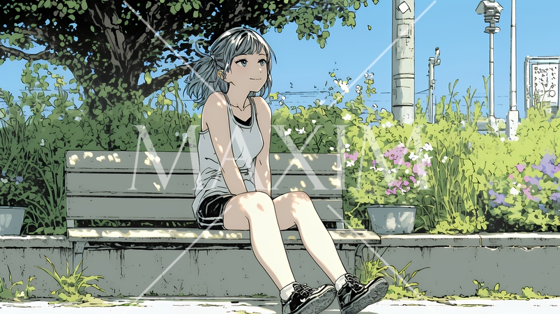 公園のベンチでひとり静かにくつろぐ若い女性