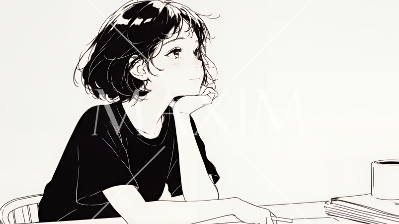 会議で発表している男性に魅了され、新しい恋の予感を抱いた若い女性（シンプルな色使い）