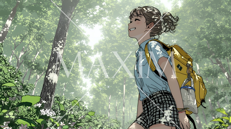 初夏の森でトレッキングを楽しむ若い女性｜新緑とアウトドアの爽やかなライフスタイル