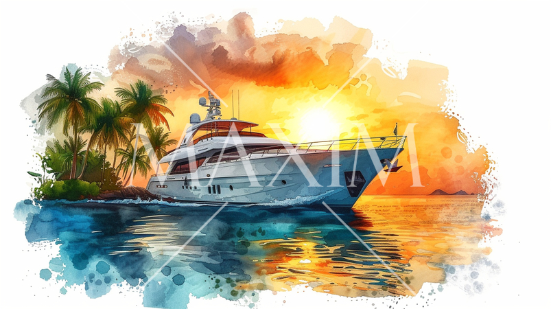 南洋の孤島とヨットと夕日：水彩画