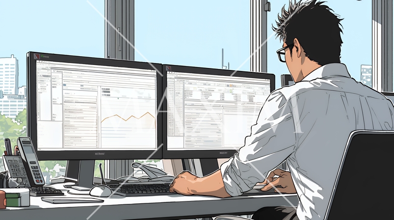 職場のデスクでパソコンに向かって仕事をしているビジネスマン