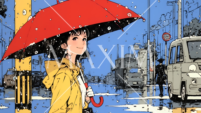 雨の日に傘をさして歩く若い女性