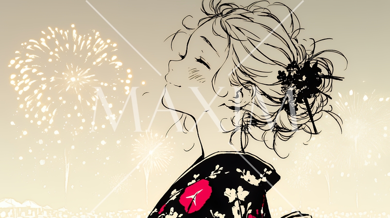 打ち上げ花火を見ている浴衣を着た若い女性（シンプルな色使い）