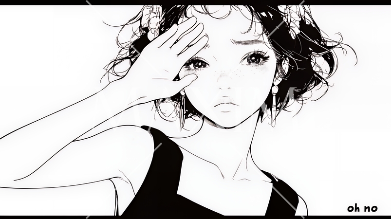 額に手を当てて「困ったな」ポーズをしている若い女性（シンプルな色使い）