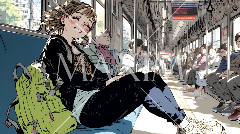 電車の席に腰掛けている若い女性