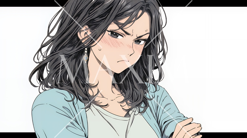 頬を膨らませ、腕を組んでイライラしている女性