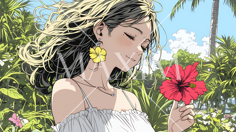 ハイビスカスと若い女性