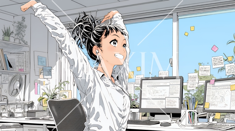 仕事の合間にストレッチ（伸び）をする女性