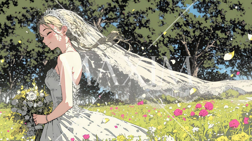 白いウェディングドレスを着ている花嫁：ジューンブライド