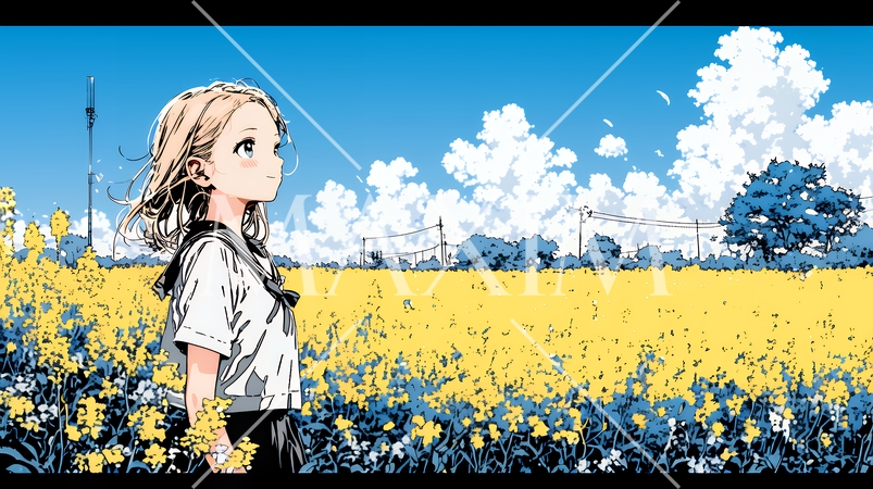 春風の中、菜の花畑にいる制服姿の女子高生