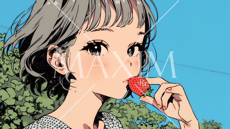 イチゴを摘んで食べている若い女性