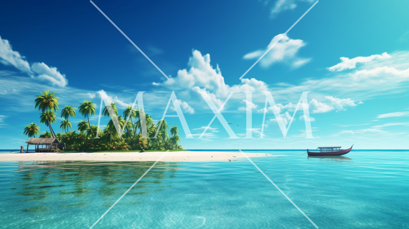 南の島の浜辺と空の背景イメージの精緻CG画