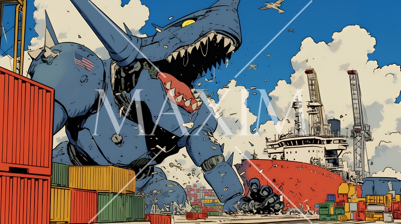 巨大関税ロボットが自由貿易港のコンテナ基地を破壊して、輸出入を妨害している