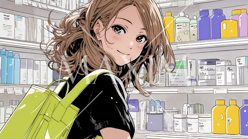 ドラッグストアでコスメを選ぶ若い女性