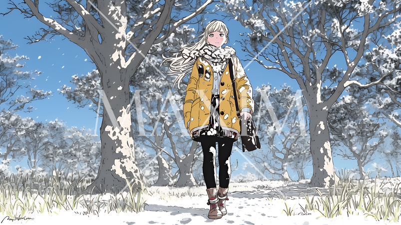 冬枯れの郊外の道を歩く若い女性