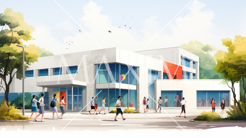 大学のキャンパスのイメージの水彩画