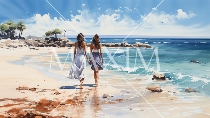 南国の青い空の下、美しい浜辺を歩く二人の若い女性：水彩画